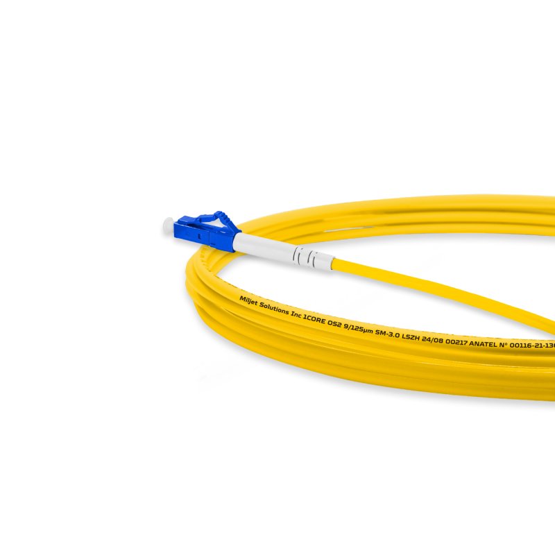 Cordão Óptico 2.5m, LC/UPC-LC/APC, SM BLI G657-A1 9/125 0.12dB IL OS2 Simplex 3.0mm LSZH Amarelo, Fibra Monomodo Miljet