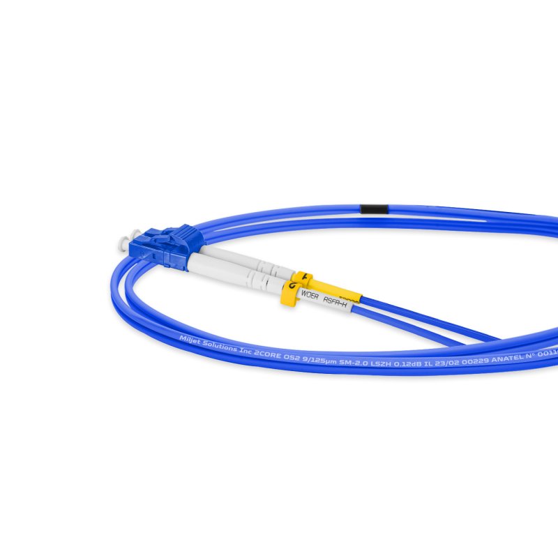 Cordão Óptico 1m, LC/UPC-LC/UPC, SM BLI G657-A1 9/125 0.12dB IL, OS2 Duplex 2.0mm LSZH ABNT Azul, Fibra Monomodo Miljet