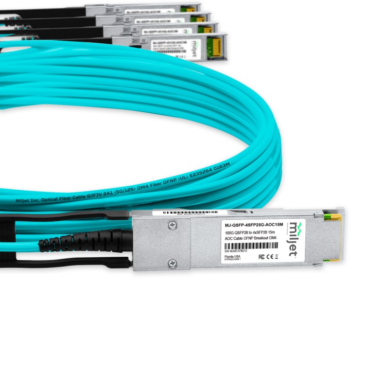 Cabo 100G QSFP28 para 4x25G SFP28 15m, AOC Active Optical Cable, Breakout OM4 OFNP Miljet