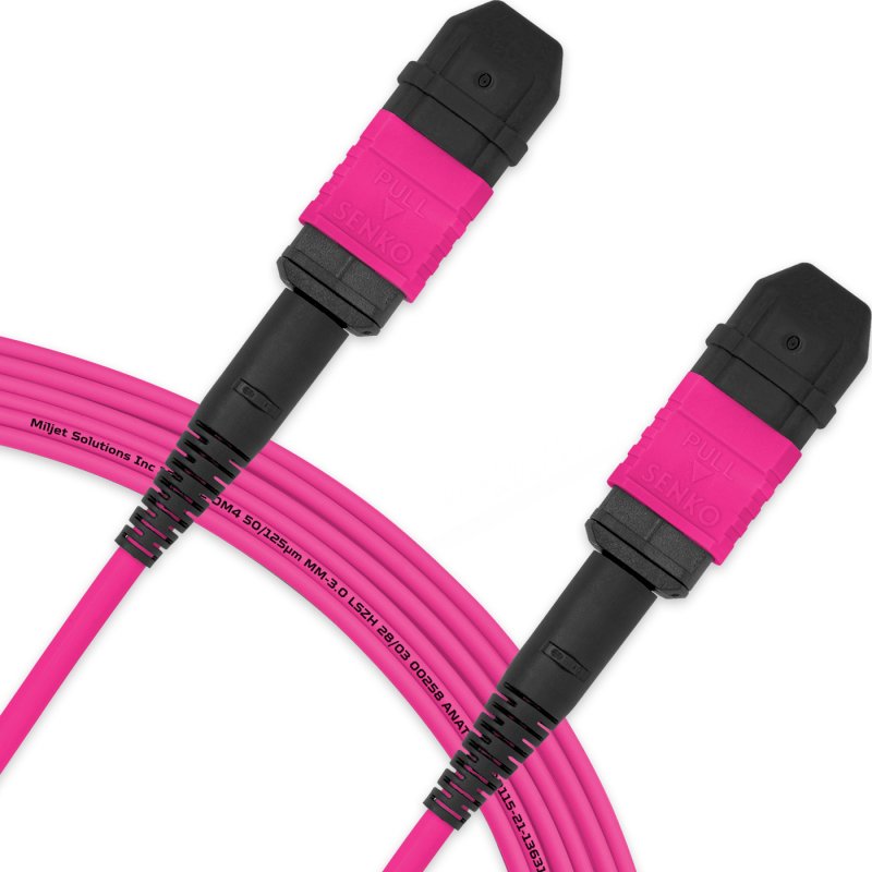 Cabo MPO para MPO Fêmea 7m, 12 Fibras, OM4 G651.1 50/125 Multimodo, Tipo B LSZH Magenta Miljet