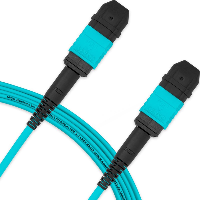 Cabo MPO para MPO Fêmea 5m, 12 Fibras, OM3 G651.1 50/125 Multimodo, Tipo B LSZH Aqua Miljet