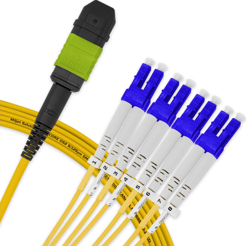 Cabo MPO Fêmea para 4LC/UPC 5m, 8 Fibras Duplex, OS2 BLI G657-A1 9/125 Monomodo, Tipo B LSZH Amarelo Breakout Miljet