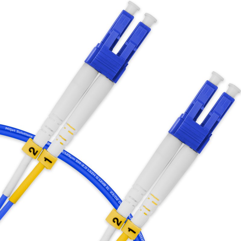 Cordão Óptico 1m, LC/UPC-LC/UPC, SM BLI G657-A1 9/125 0.12dB IL, OS2 Duplex 2.0mm LSZH ABNT Azul, Fibra Monomodo Miljet