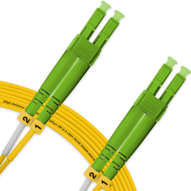 Cordão Óptico 10m, LC/APC-LC/APC, SM BLI G657-A1 9/125, OS2 Duplex 2.0mm LSZH Amarelo, Fibra Monomodo Miljet