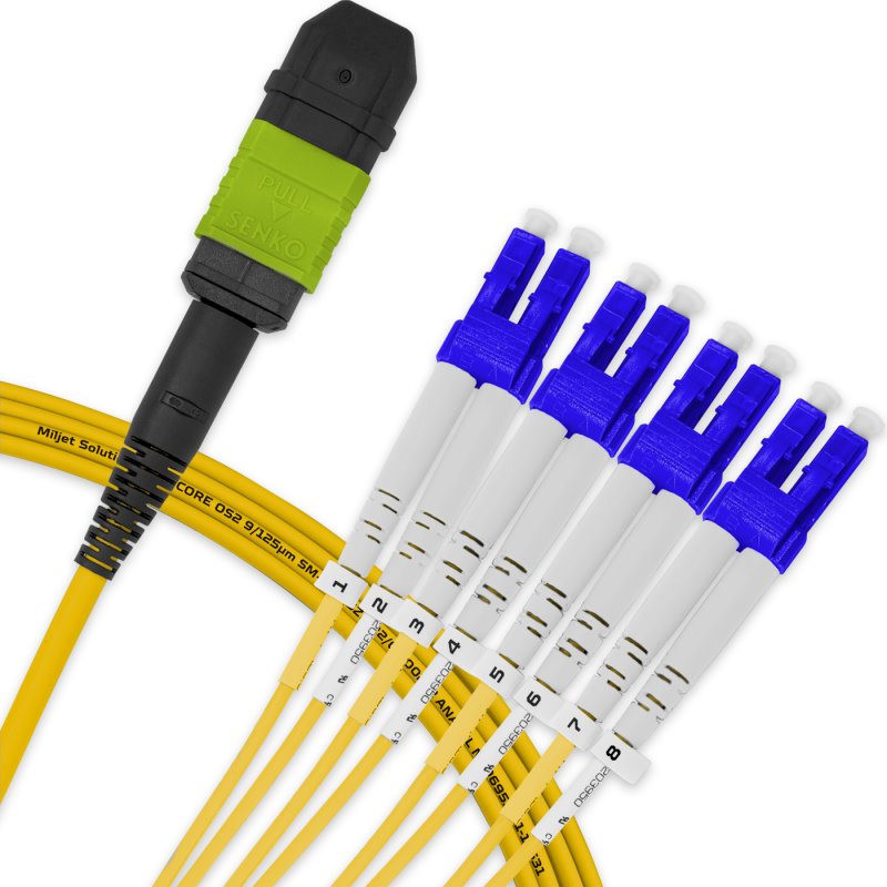 Cabo MPO Fêmea para 4LC/UPC 3m, 8 Fibras Duplex, OS2 BLI G657-A1 9/125 Monomodo, Tipo A LSZH Amarelo Breakout Miljet