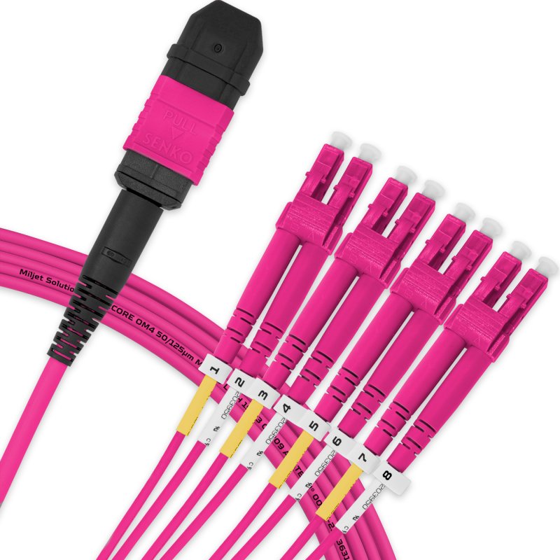 Cabo MPO Fêmea para 4LC/UPC 5m, 8 Fibras Duplex, OM4 G651.1 50/125 Multimodo, Tipo B LSZH Magenta Breakout Miljet