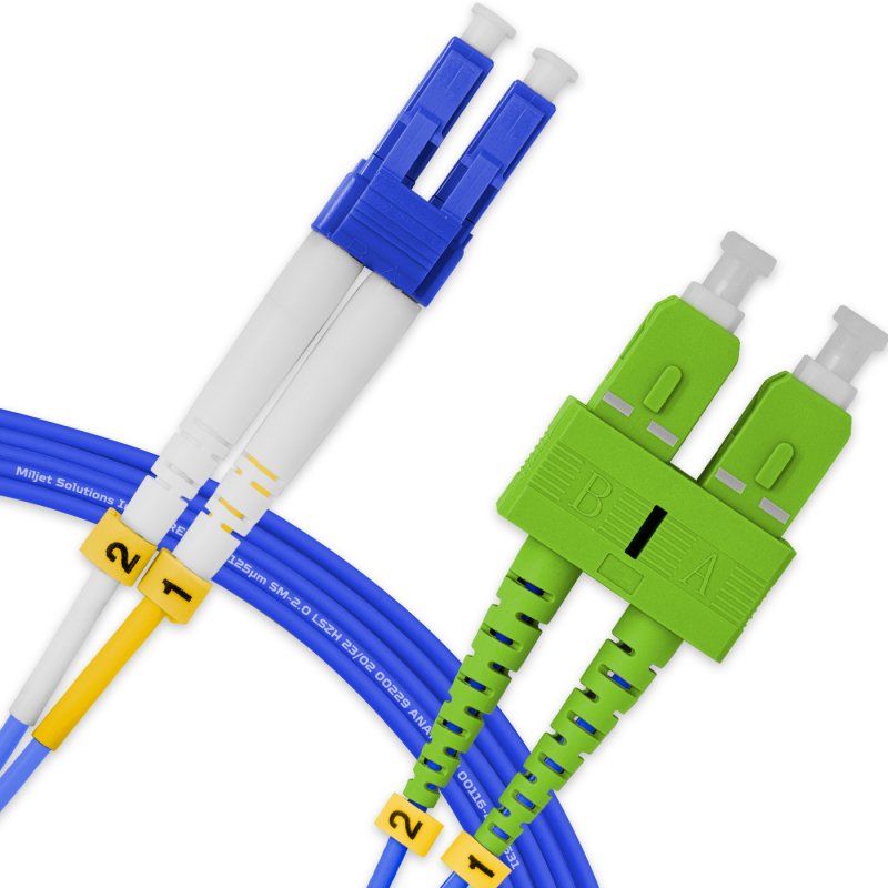 Cordão Óptico 5m, LC/UPC-SC/APC, SM BLI G657-A1 9/125, OS2 Duplex 2.0mm LSZH ABNT Azul, Fibra Monomodo Miljet