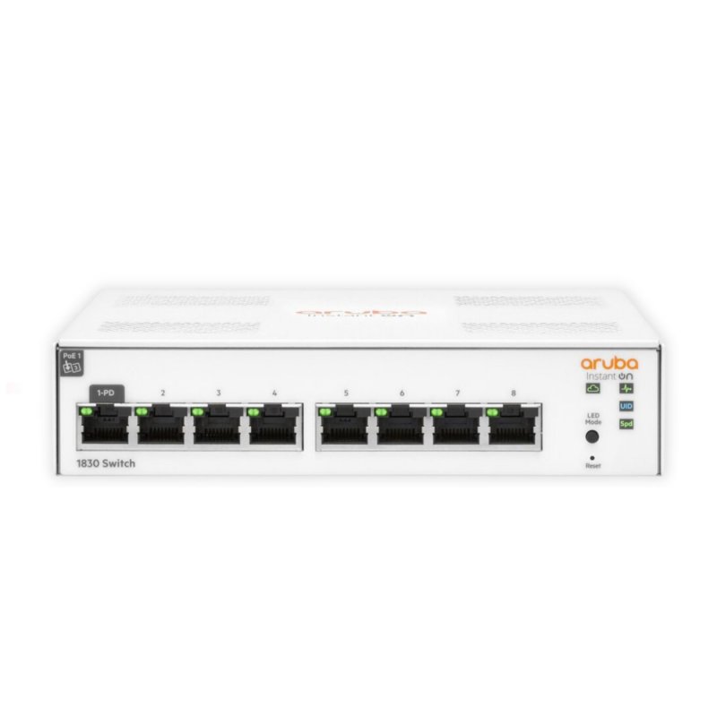Switch HPE Aruba Instant On 1830 8G, JL810A, 8-Port RJ45 GbE, Fonte AC 100-240v, Layer 2 Gerenciável