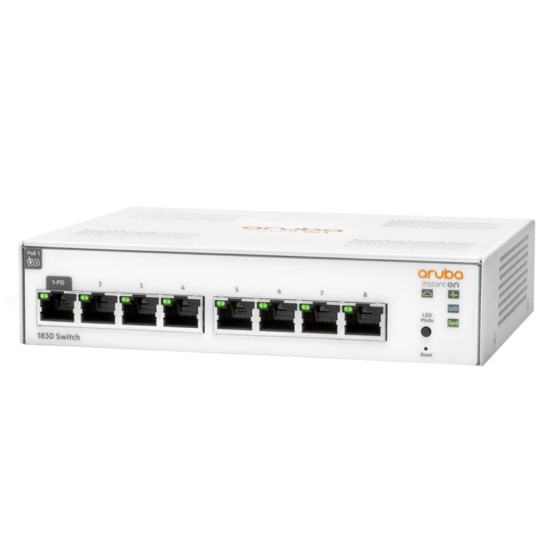 Switch HPE Aruba Instant On 1830 8G, JL810A, 8-Port RJ45 GbE, Fonte AC 100-240v, Layer 2 Gerenciável