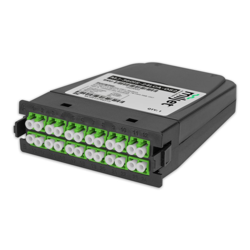 Cassete de Distribuição Óptica 24 Fibras, 2x MPO/APC Macho 12F para 12x LC/APC Duplex, Monomodo OS2, Tipo B Miljet
