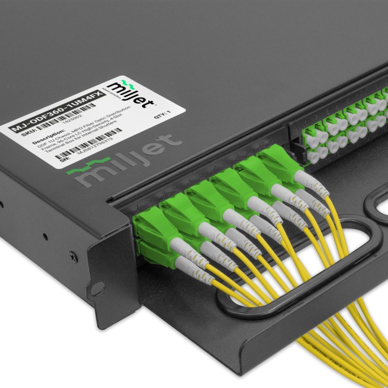 Cassete de Distribuição Óptica 24 Fibras, 2x MPO/APC Macho 12F para 12x LC/APC Duplex, Monomodo OS2, Tipo B Miljet