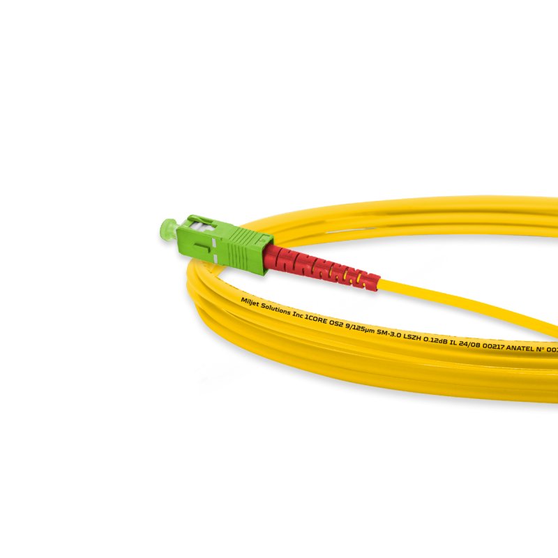 Cordão óptico 2.5m, LC/APC-SC/APC, SM BLI G.657A 9/125 0.12dB IL OS2 Simplex 3.0mm LSZH Amarelo, Fibra Monomodo Miljet