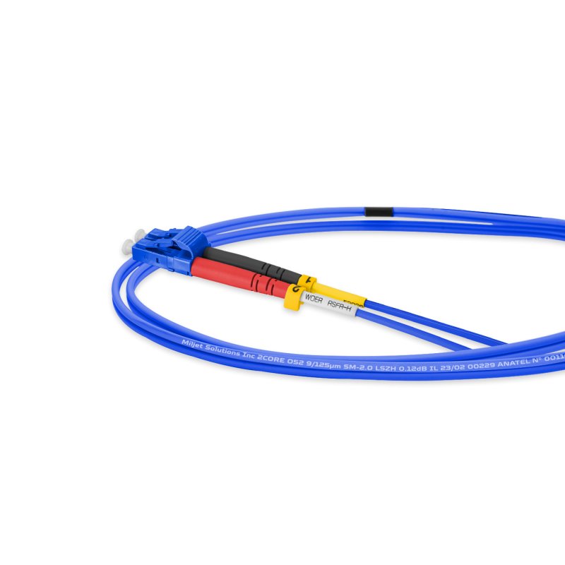 Cordão Óptico 2m, LC/UPC-LC/APC, SM BLI G657-A1 9/125 0.12dB IL, OS2 Duplex 2.0mm LSZH ABNT Azul, Fibra Monomodo Miljet