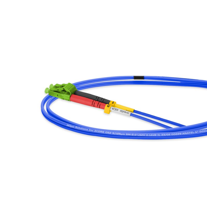 Cordão Óptico 1m, LC/UPC-LC/APC, SM BLI G657-A1 9/125 0.12dB IL, OS2 Duplex 2.0mm LSZH ABNT Azul, Fibra Monomodo Miljet