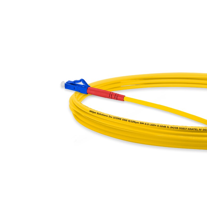 Cordão Óptico 2.5m, LC/UPC-LC/APC, SM BLI G657-A1 9/125 0.12dB IL OS2 Simplex 3.0mm LSZH Amarelo, Fibra Monomodo Miljet