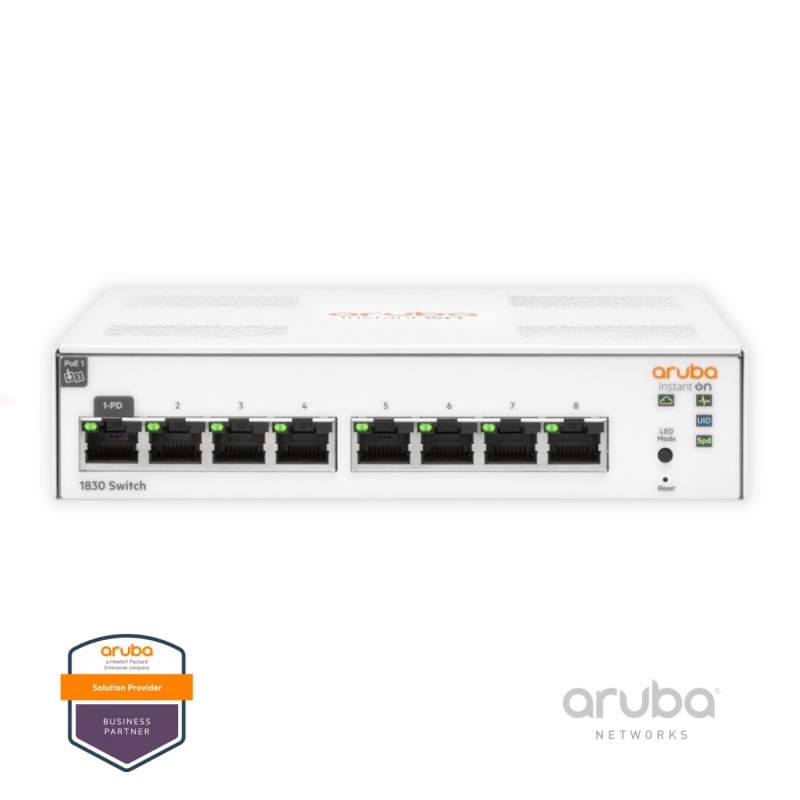 Switch HPE Aruba Instant On 1830 8G, JL810A, 8-Port RJ45 GbE, Fonte AC 100-240v, Layer 2 Gerenciável