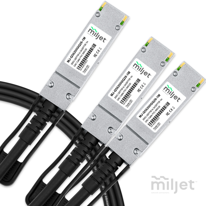 Cabo 200G QSFP56 para 2x100G QSFP28 1m, DAC Direct Attach Copper, Breakout Cable PVC 30AWG Miljet