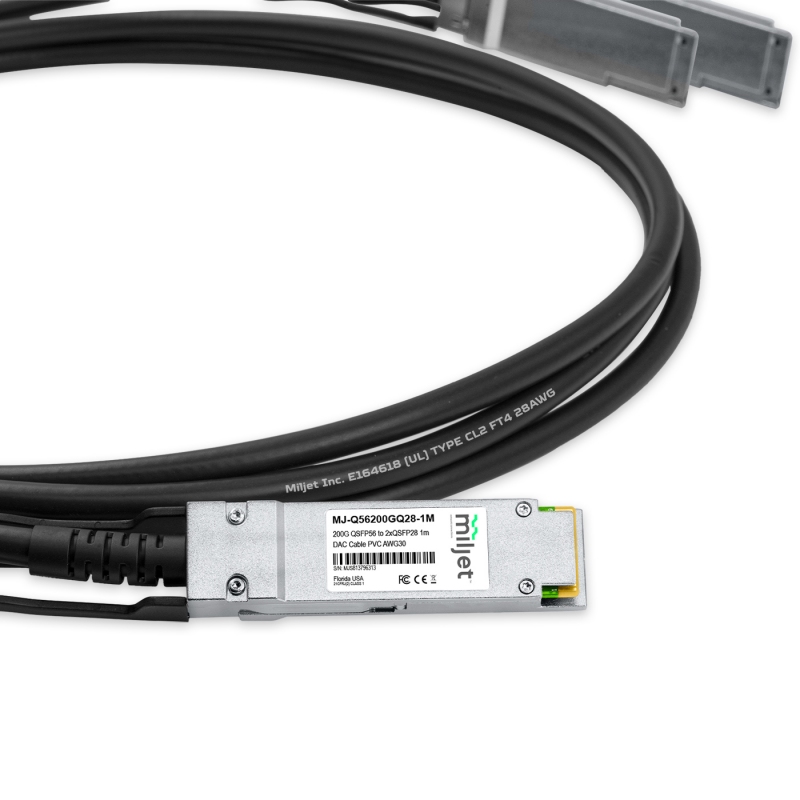 Cabo 200G QSFP56 para 2x100G QSFP28 1m, DAC Direct Attach Copper, Breakout Cable PVC 30AWG Miljet