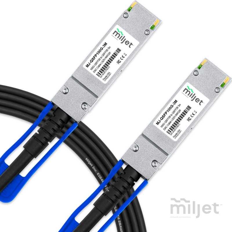 Cabo 100G QSFP28 para QSFP28 3m, DAC Direct Attach Copper, Twinax Cabo PVC 26AWG Miljet