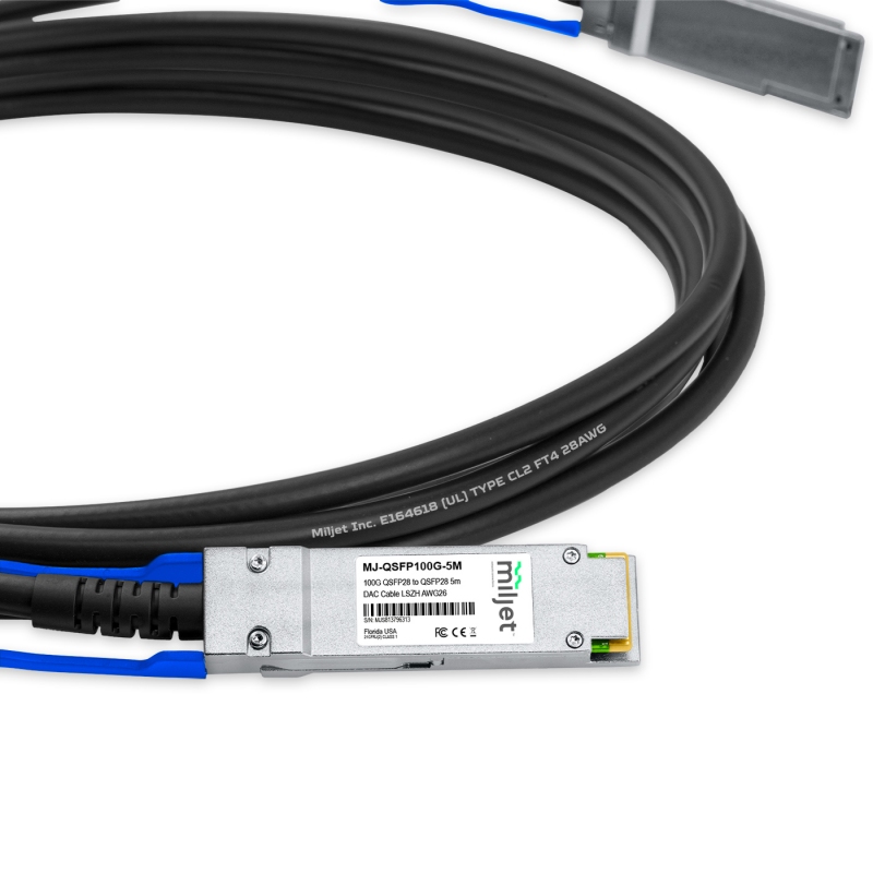 Cabo 100G QSFP28 para QSFP28 5m, DAC Direct Attach Copper, Twinax Cabo PVC 26AWG Miljet