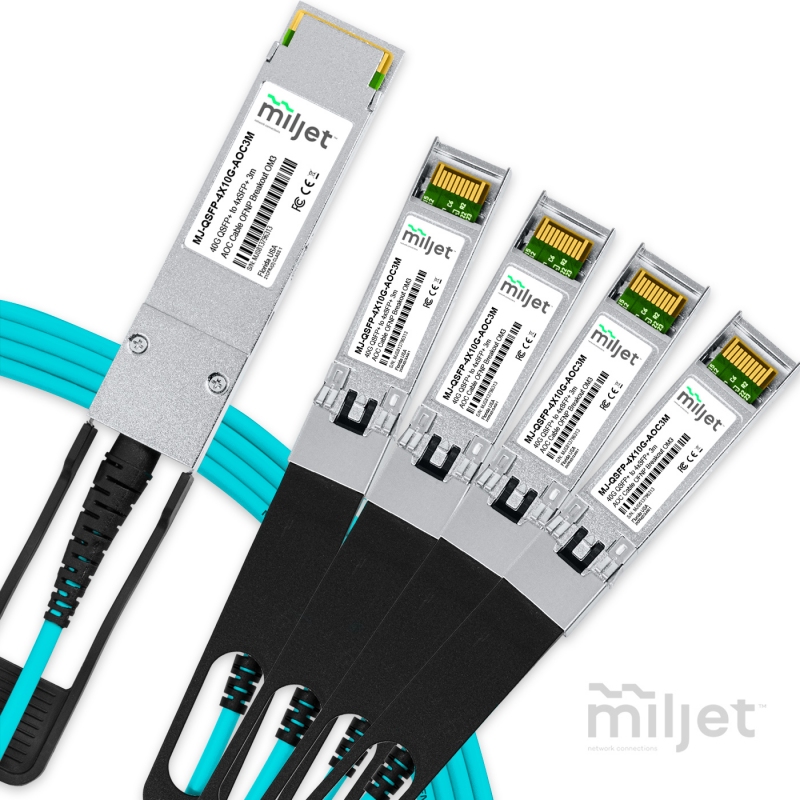 Cabo 40G QSFP+ para 4x10G SFP+ 3m, AOC Active Optical Cable, Breakout OM3 OFNP Miljet