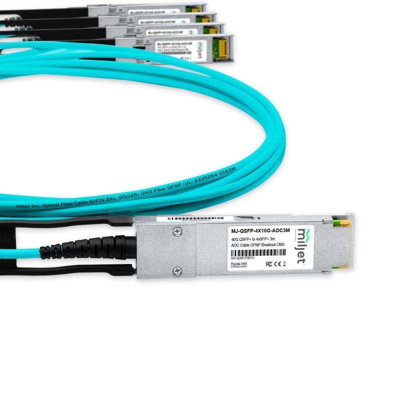 Cabo 40G QSFP+ para 4x10G SFP+ 3m, AOC Active Optical Cable, Breakout OM3 OFNP Miljet