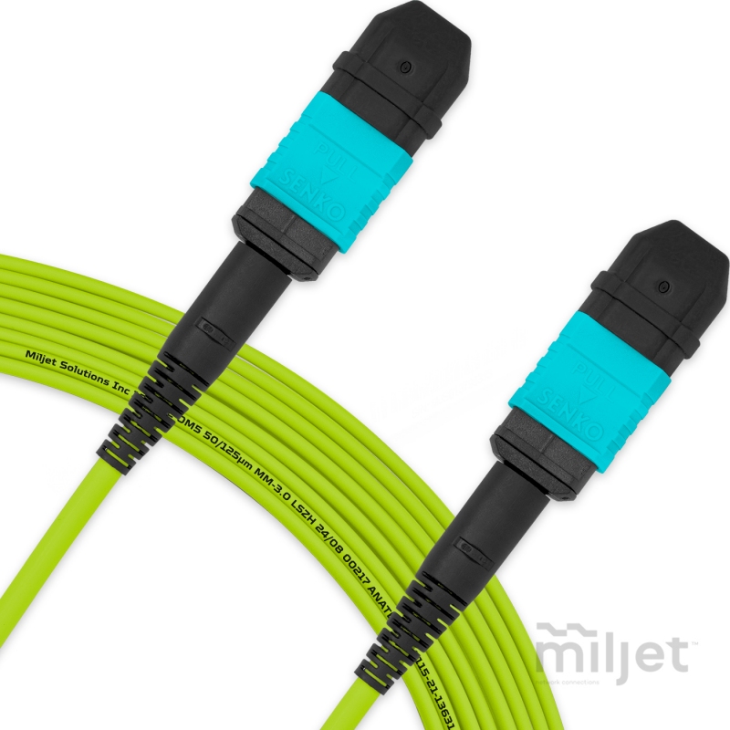 Cabo MPO para MPO Fêmea 15m, 12 Fibers OM5 G651.1 50/125 Multimodo, Tipo B LSZH Verde Miljet