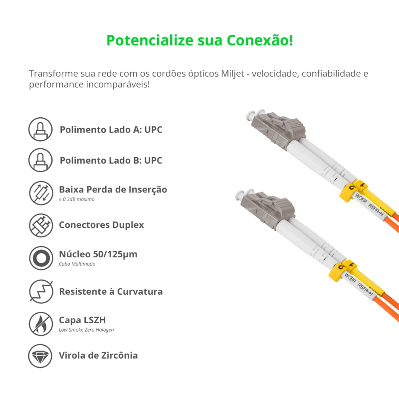 Cordão Óptico 5m, LC/UPC-LC/UPC, MM G651.1 50/125, OM2 Duplex 2.0mm LSZH Laranja, Fibra Multimodo Miljet