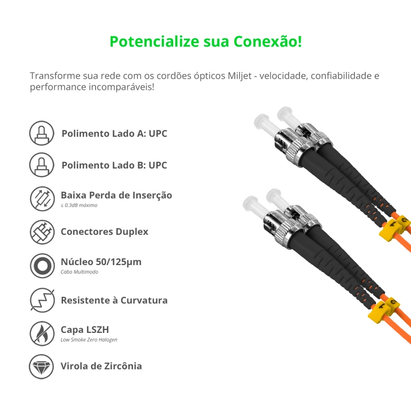 Cordão Óptico 3m, ST/UPC-ST/UPC, MM G651.1 50/125, OM2 Duplex 2.0mm LSZH Laranja, Fibra Multimodo Miljet