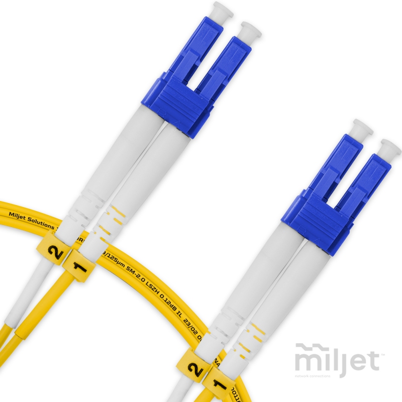 Cordão Óptico 2m, LC/UPC-LC/UPC, SM BLI G657-A1 9/125 0.12dB IL, OS2 Duplex 2.0mm LSZH Amarelo, Fibra Monomodo Miljet