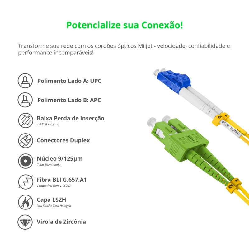 Cordão Óptico 10m, LC/UPC-SC/APC, SM BLI G657-A1 9/125, OS2 Duplex 2.0mm LSZH Amarelo, Fibra Monomodo Miljet