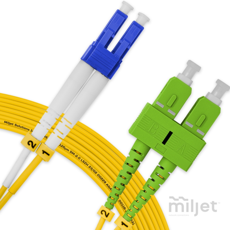 Cordão Óptico 15m, LC/UPC-SC/APC, SM BLI G657-A1 9/125, OS2 Duplex 2.0mm LSZH Amarelo, Fibra Monomodo Miljet