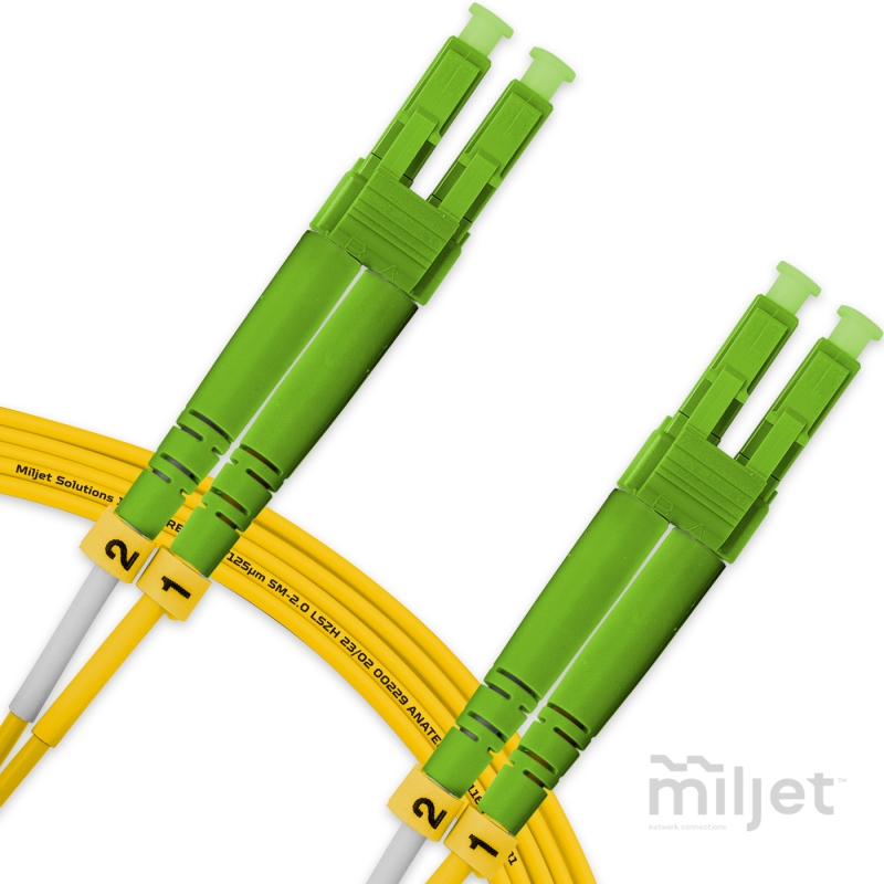 Cordão Óptico 5m, LC/APC-LC/APC SM BLI G.657A 9/125, OS2 Duplex 2.0mm LSZH Amarelo, Fibra Monomodo Miljet