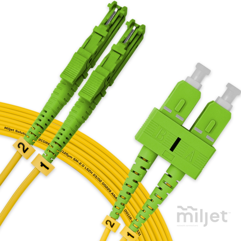 Cordão Óptico 10m, E2000/APC-SC/APC, SM BLI G657-A1 9/125, OS2 Duplex 2.0mm LSZH Amarelo, Fibra Monomodo Miljet