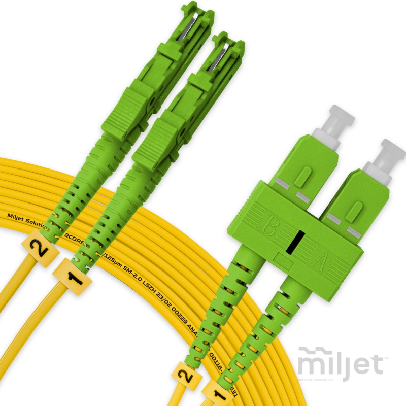 Cordão Óptico 20m, E2000/APC-SC/APC, SM BLI G657-A1 9/125, OS2 Duplex 2.0mm LSZH Amarelo, Fibra Monomodo Miljet