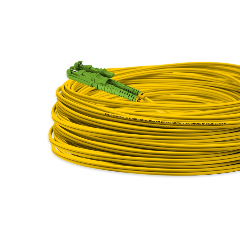 Cordão Óptico 20m, E2000/APC-SC/APC, SM BLI G657-A1 9/125, OS2 Duplex 2.0mm LSZH Amarelo, Fibra Monomodo Miljet