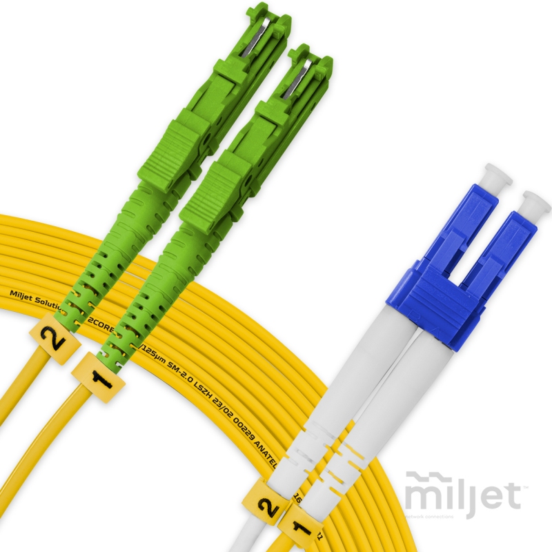 Cordão Óptico 20m, E2000/APC-LC/UPC, SM BLI G657-A1 9/125, OS2 Duplex 2.0mm LSZH Amarelo, Fibra Monomodo Miljet