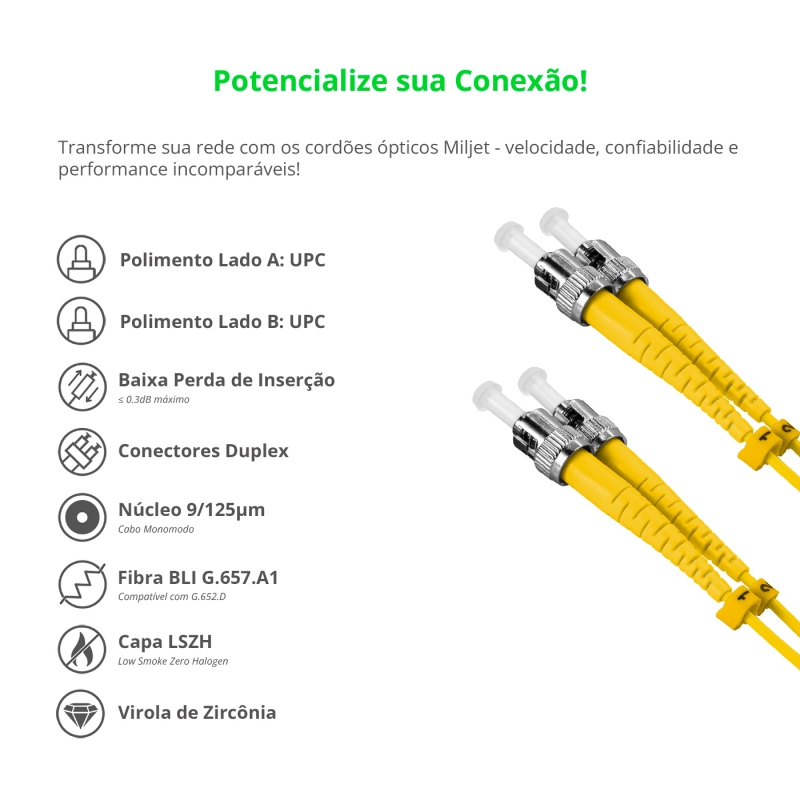 Cordão Óptico 5m, ST/UPC-ST/UPC, SM BLI G657-A1 9/125, OS2 Duplex 2.0mm LSZH Amarelo, Fibra Monomodo Miljet