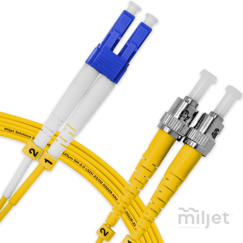 Cordão Óptico 5m, LC/UPC-ST/UPC, SM BLI G657-A1 9/125, OS2 Duplex 2.0mm LSZH Amarelo, Fibra Monomodo Miljet