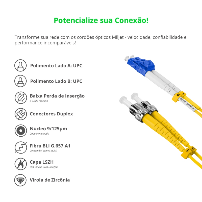 Cordão Óptico 5m, LC/UPC-ST/UPC, SM BLI G657-A1 9/125, OS2 Duplex 2.0mm LSZH Amarelo, Fibra Monomodo Miljet