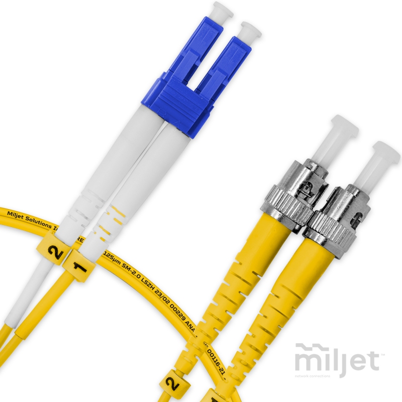 Cordão Óptico 1m, LC/UPC-ST/UPC, SM BLI G657-A1 9/125, OS2 Duplex 2.0mm LSZH Amarelo, Fibra Monomodo Miljet