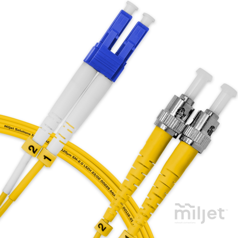 Cordão Óptico 3m, LC/UPC-ST/UPC, SM BLI G657-A1 9/125, OS2 Duplex 2.0mm LSZH Amarelo, Fibra Monomodo Miljet