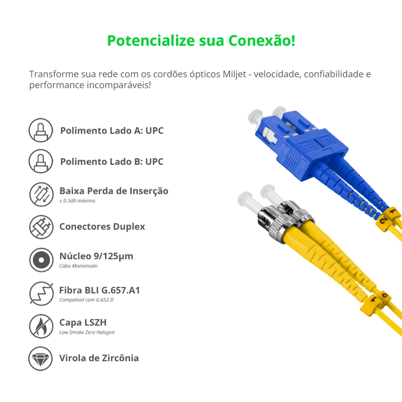 Cordão Óptico 1m, SC/UPC-ST/UPC, SM BLI G657-A1 9/125, OS2 Duplex 2.0mm LSZH Amarelo, Fibra Monomodo Miljet