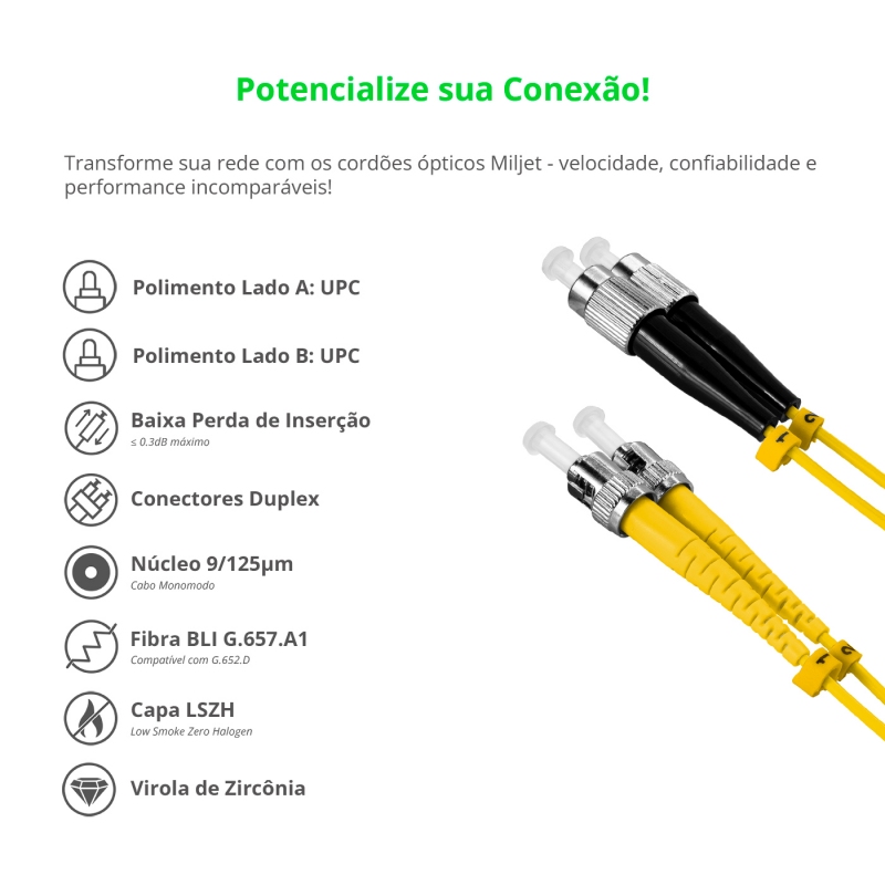 Cordão Óptico 3m, FC/UPC-ST/UPC, SM BLI G657-A1 9/125, OS2 Duplex 2.0mm LSZH Amarelo, Fibra Monomodo Miljet