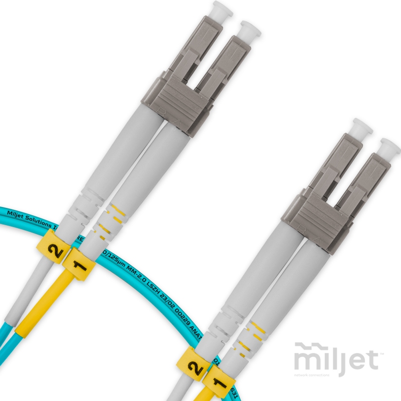 Cordão Óptico 1m, LC/UPC-LC/UPC MM G651.1 50/125, OM3 Duplex 2.0mm LSZH Aqua Fibra Multimodo Miljet