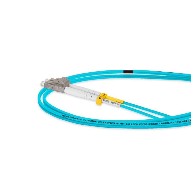 Cordão Óptico 1m, LC/UPC-LC/UPC MM G651.1 50/125, OM3 Duplex 2.0mm LSZH Aqua Fibra Multimodo Miljet