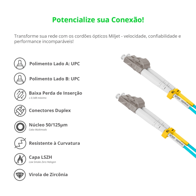 Cordão Óptico 1m, LC/UPC-LC/UPC MM G651.1 50/125, OM3 Duplex 2.0mm LSZH Aqua Fibra Multimodo Miljet