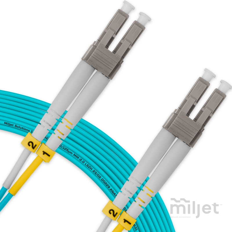 Cordão Óptico 20m, LC/UPC-LC/UPC, MM G651.1 50/125, OM3 Duplex 2.0mm LSZH Aqua, Fibra Multimodo Miljet