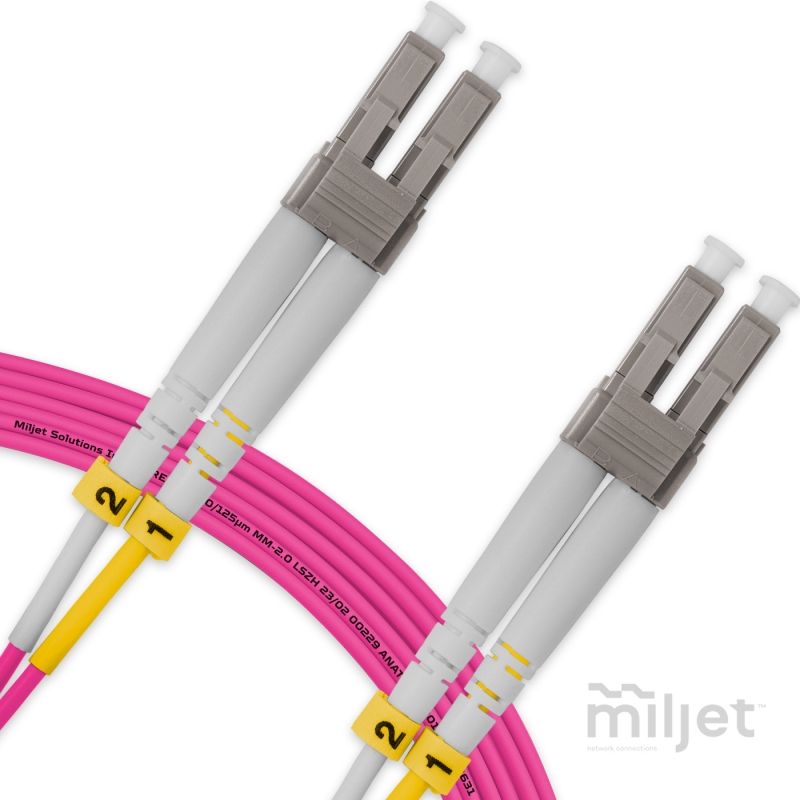 Cordão Óptico 7m, LC/UPC-LC/UPC, MM G651.1 50/125, OM4 Duplex 2.0mm LSZH Magenta, Fibra Multimodo Miljet