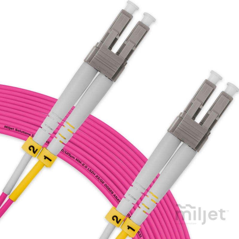 Cordão Óptico 30m, LC/UPC-LC/UPC, MM G651.1 50/125, OM4 Duplex 2.0mm LSZH Magenta, Fibra Multimodo Miljet